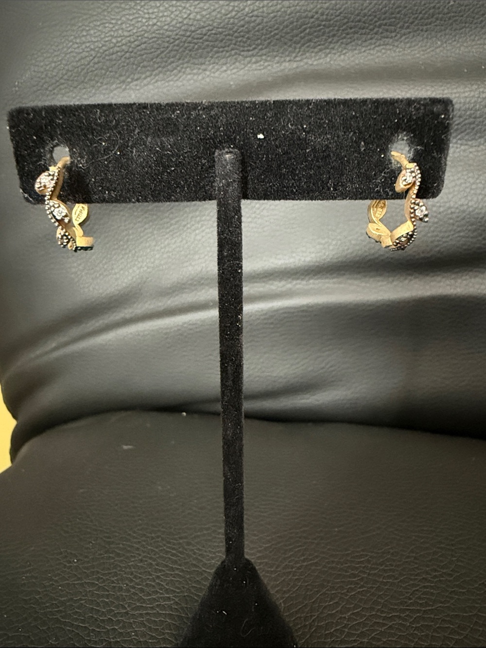 Freida Rothman Wavy Leaf Gold-Tone Hoop Earrings with Black Crystal Accents